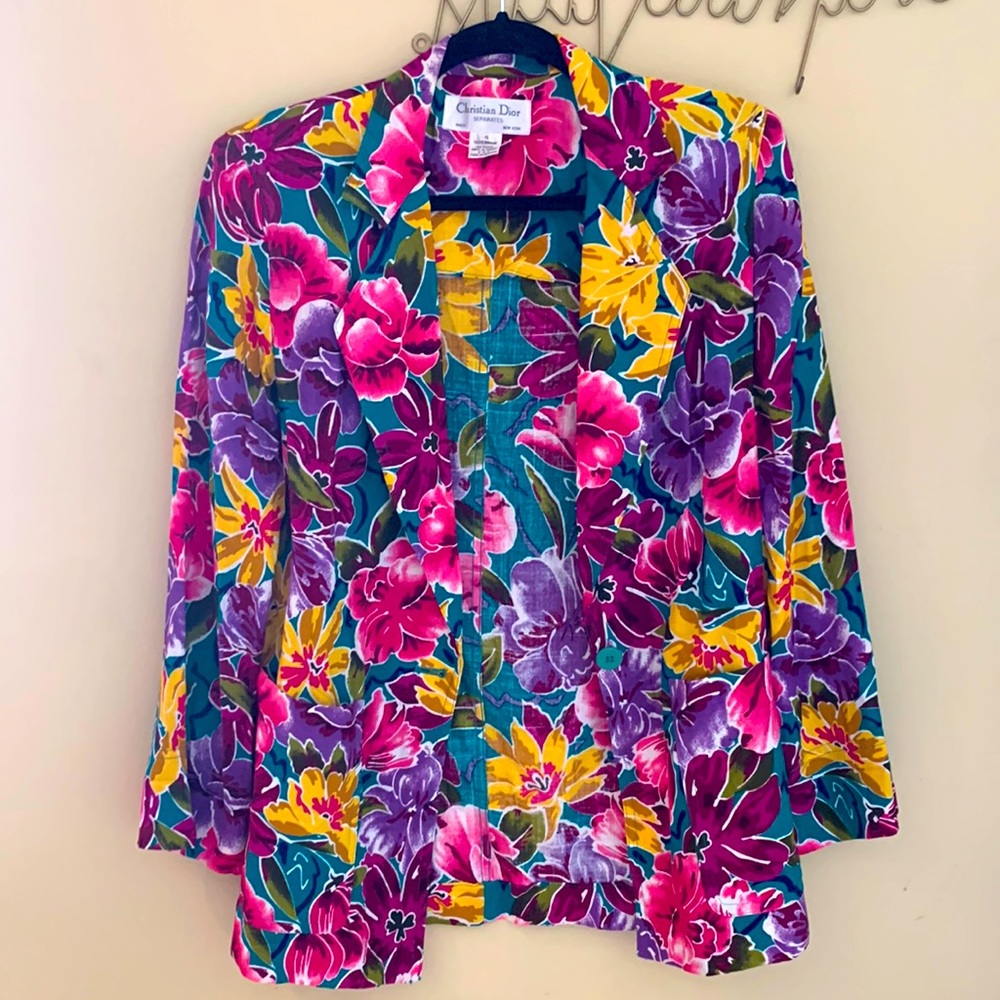 VGT Vintage Christian Dior Turquoise Vibrant Floral Blazer - Size 4